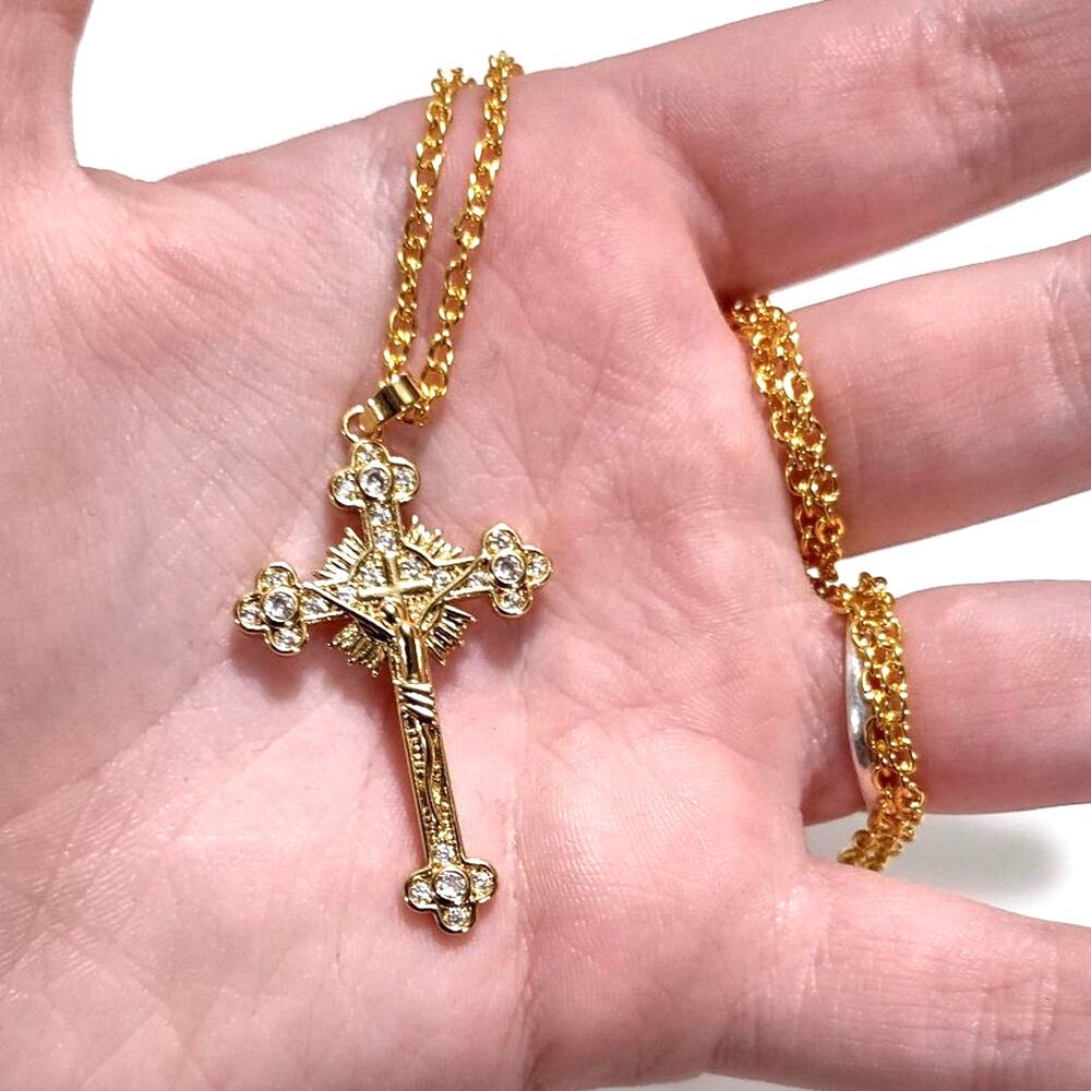 Golden Christian Cross Crucifix Necklace Rhinestone Gemstone Christmas Birthday